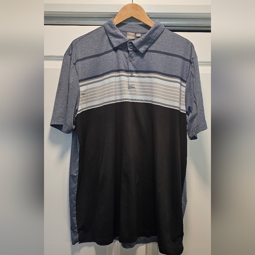 [PING] Men's Harper Short Sleeve Golf/ Polo 3 Button-up Shirt Blue/Grey/Black XL